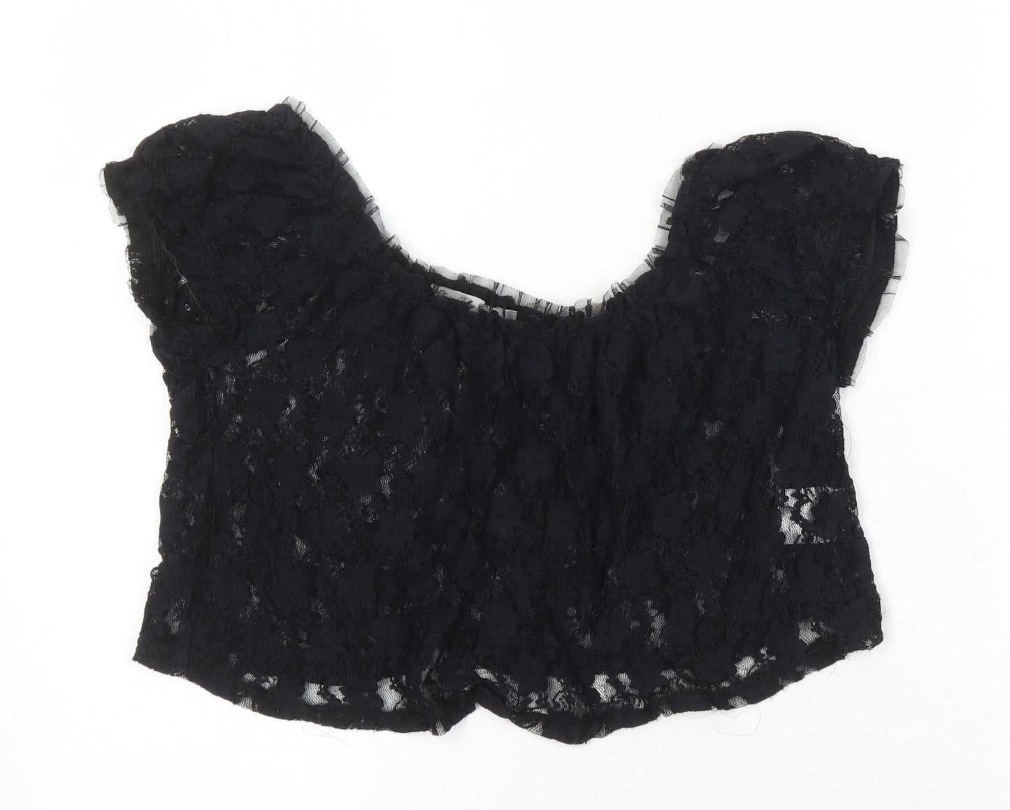 Gloria Jeans Company Womens Black Nylon Cropped Blouse Size S Scoop Neck - Lace Sheer
