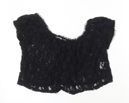 Gloria Jeans Company Womens Black Nylon Cropped Blouse Size S Scoop Neck - Lace Sheer