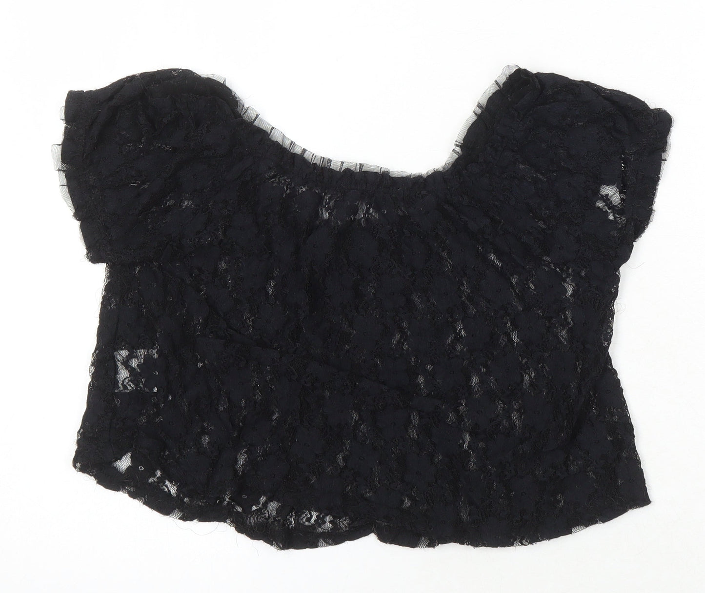 Gloria Jeans Company Womens Black Nylon Cropped Blouse Size S Scoop Neck - Lace Sheer