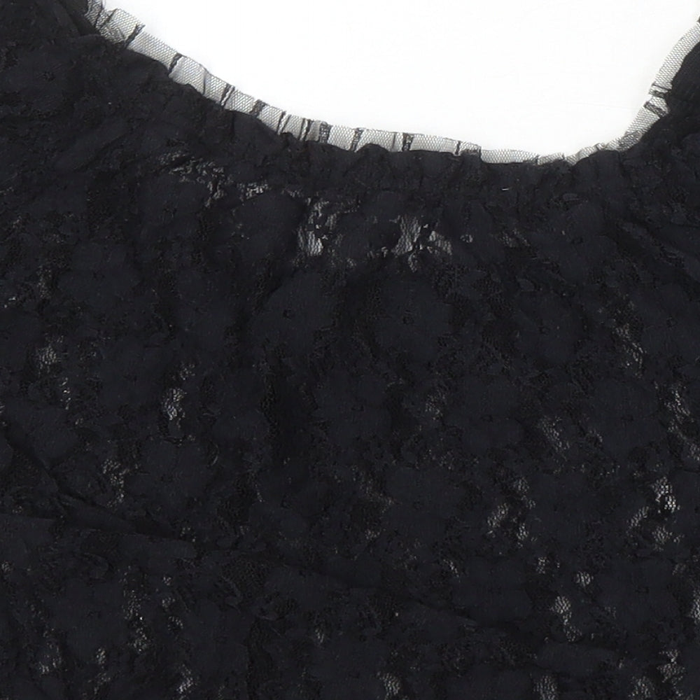 Gloria Jeans Company Womens Black Nylon Cropped Blouse Size S Scoop Neck - Lace Sheer