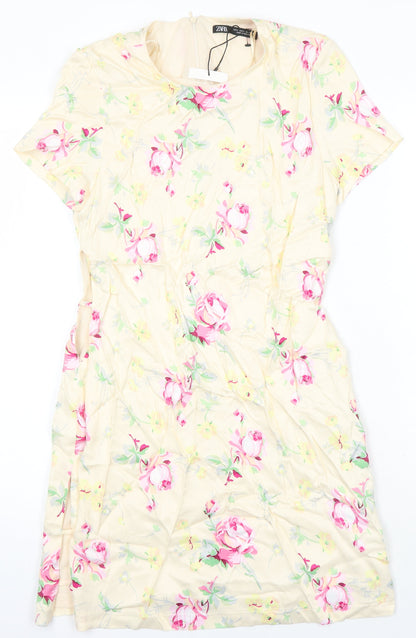 Zara Womens Multicoloured Floral Polyester A-Line Size S Round Neck
