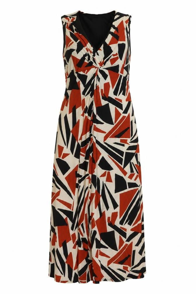 Front view of Wallius women’s multicoloured geometric viscose maxi, size UK 18, v-neck pullover