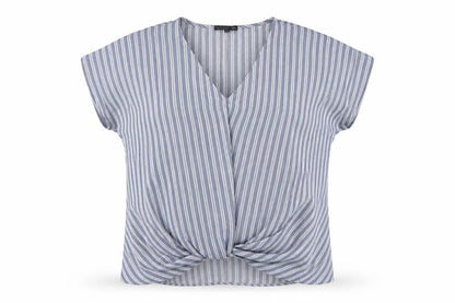West Kei Womens Blue Striped Polyester Basic Blouse Size 12 V-Neck