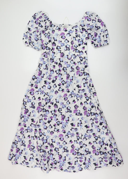 Marks and Spencer Womens Multicoloured Floral Linen A-Line Size 8 Square Neck Zip