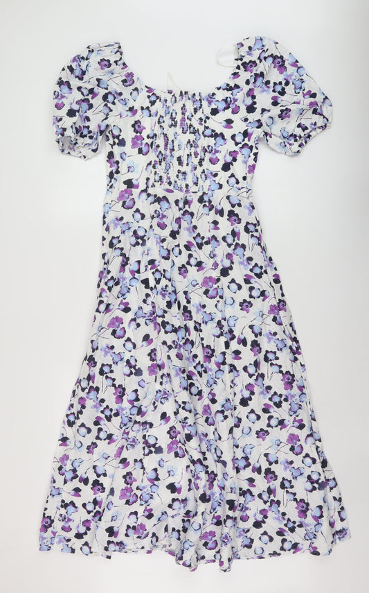 Marks and Spencer Womens Multicoloured Floral Linen A-Line Size 8 Square Neck Zip