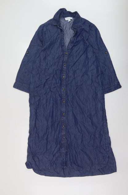 White Labekl Womens Blue Lyocell Shirt Dress Size 12 Collared Button