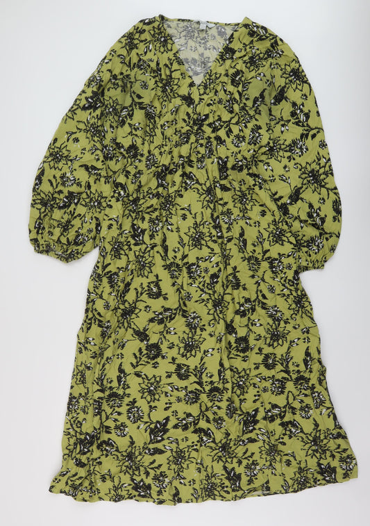 Marks and Spencer Womens Green Floral Viscose A-Line Size 12 V-Neck Pullover