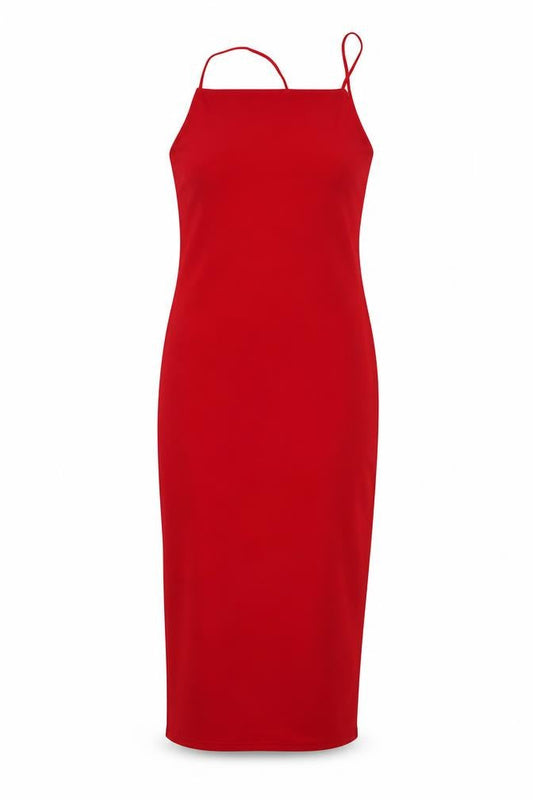 Front view of Missguided women’s red polyester bodycon, size UK 6, square neck pullover