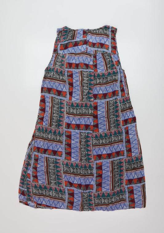 Fat Face Womens Multicoloured Geometric Viscose Tank Dress Size 12 Round Neck Button