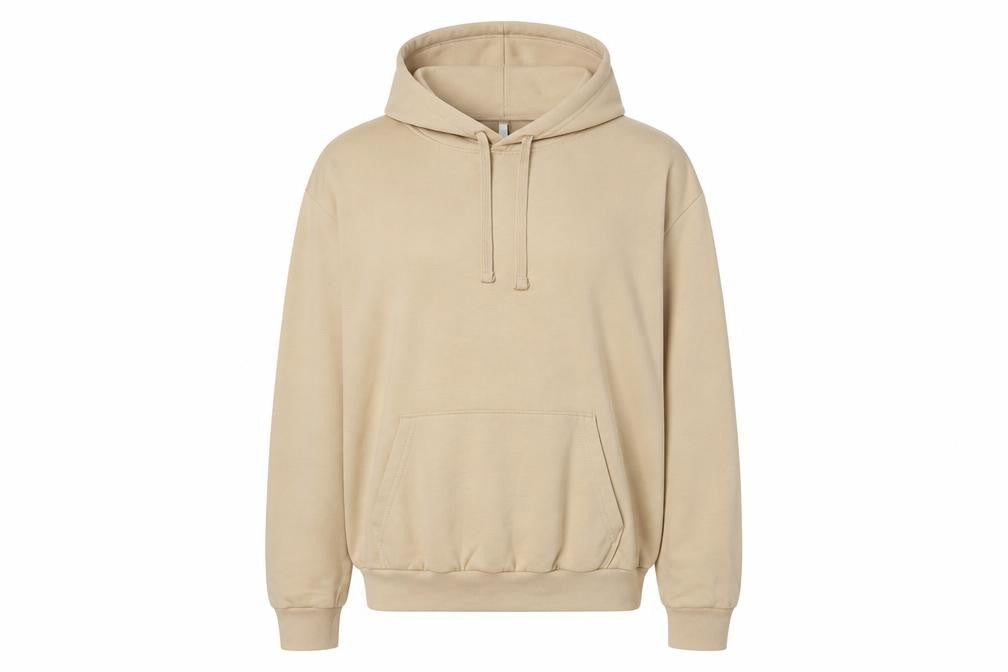 Front view of h7m women’s beige cotton pullover hoodie, size L, pullover