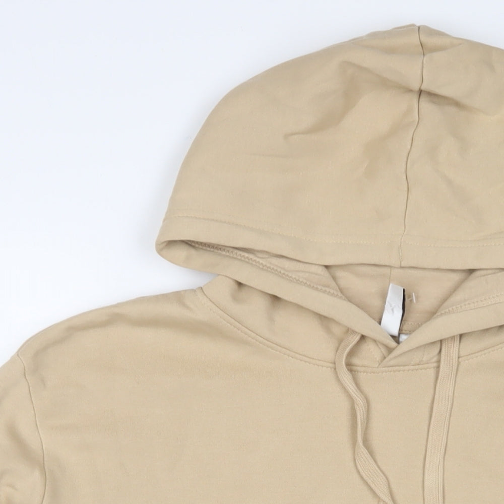 Close-up detail of h7m women’s beige cotton pullover hoodie, size L, pullover