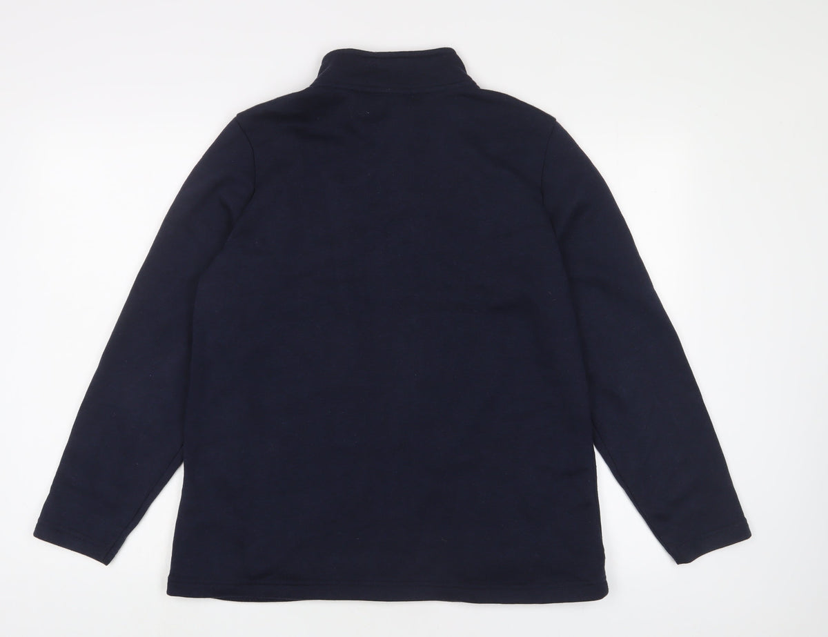 Back view of bonmar women’s blue polyester full zip sweatshirt, size UK 16, zip