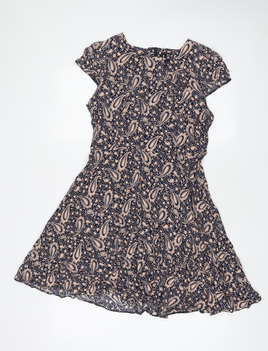 Izabel London Womens Blue Geometric Viscose A-Line Size 12 Crew Neck Zip