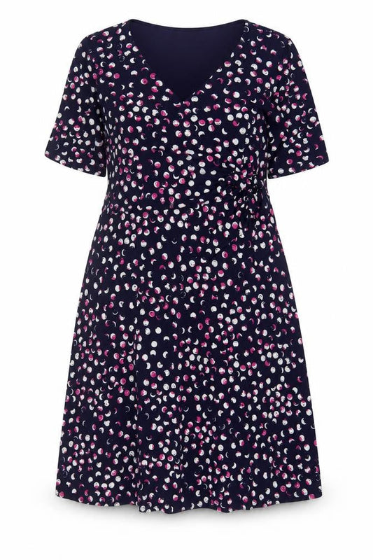 Front view of Kaleidoscope women’s purple geometric polyester a-line, size UK 14, v-neck pullover