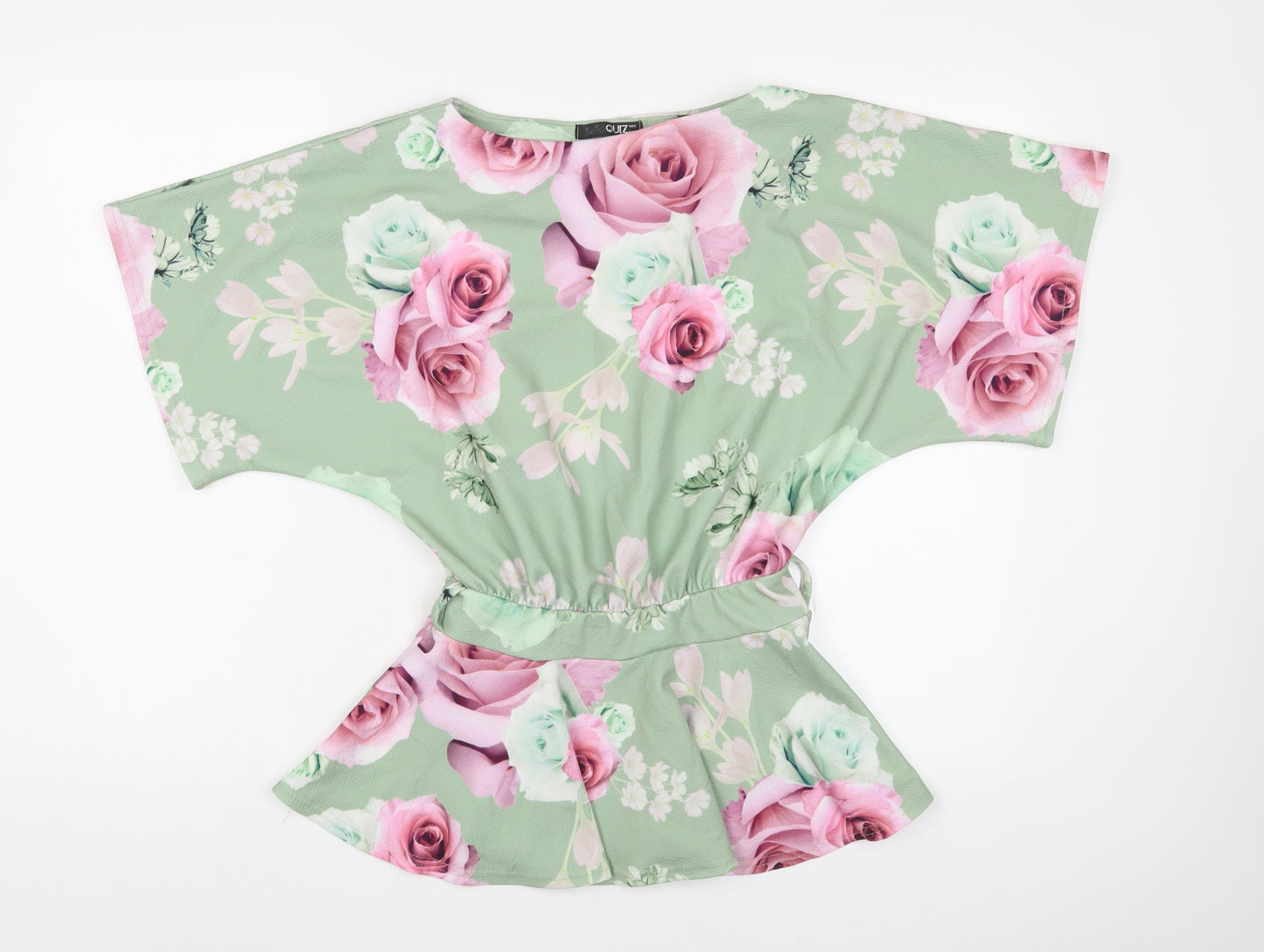 Quiz Womens Green Floral Polyester Basic Blouse Size 8 Boat Neck