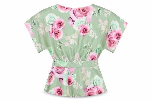 Quiz Womens Green Floral Polyester Basic Blouse Size 8 Boat Neck