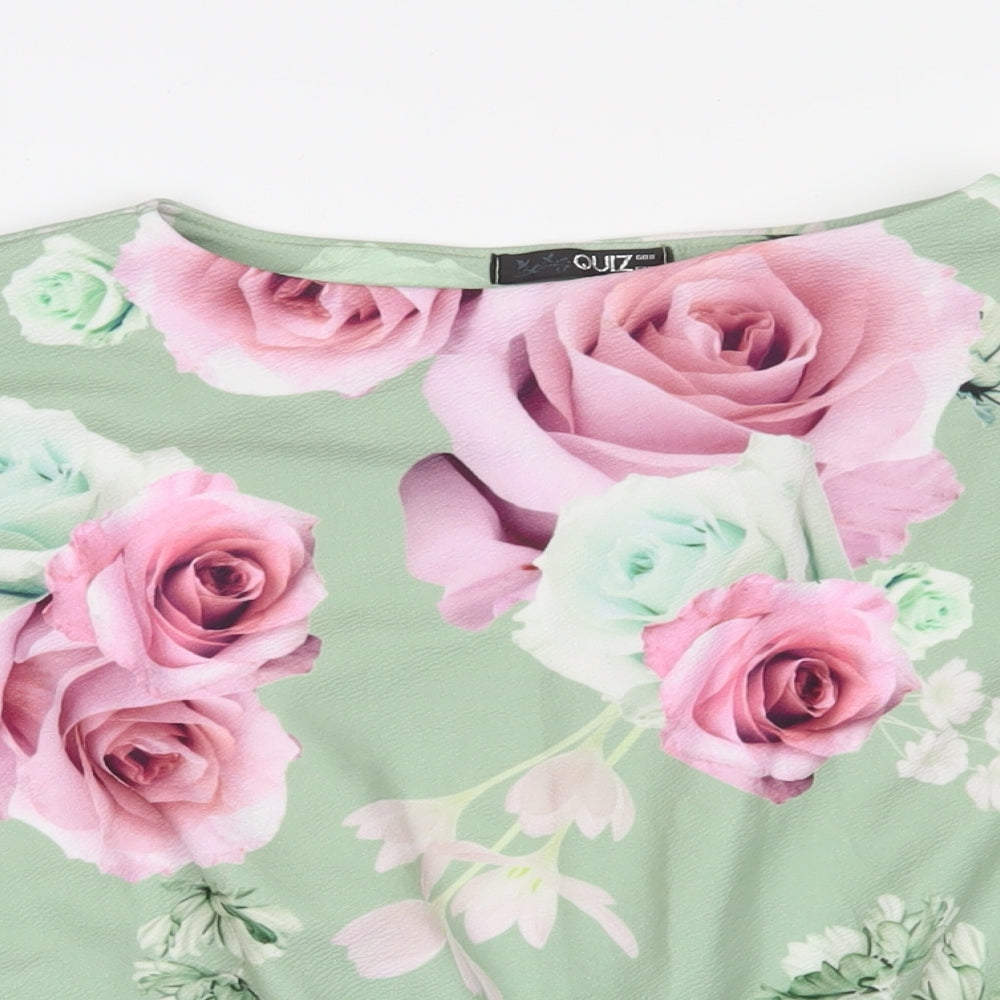 Quiz Womens Green Floral Polyester Basic Blouse Size 8 Boat Neck