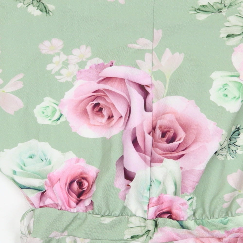 Quiz Womens Green Floral Polyester Basic Blouse Size 8 Boat Neck