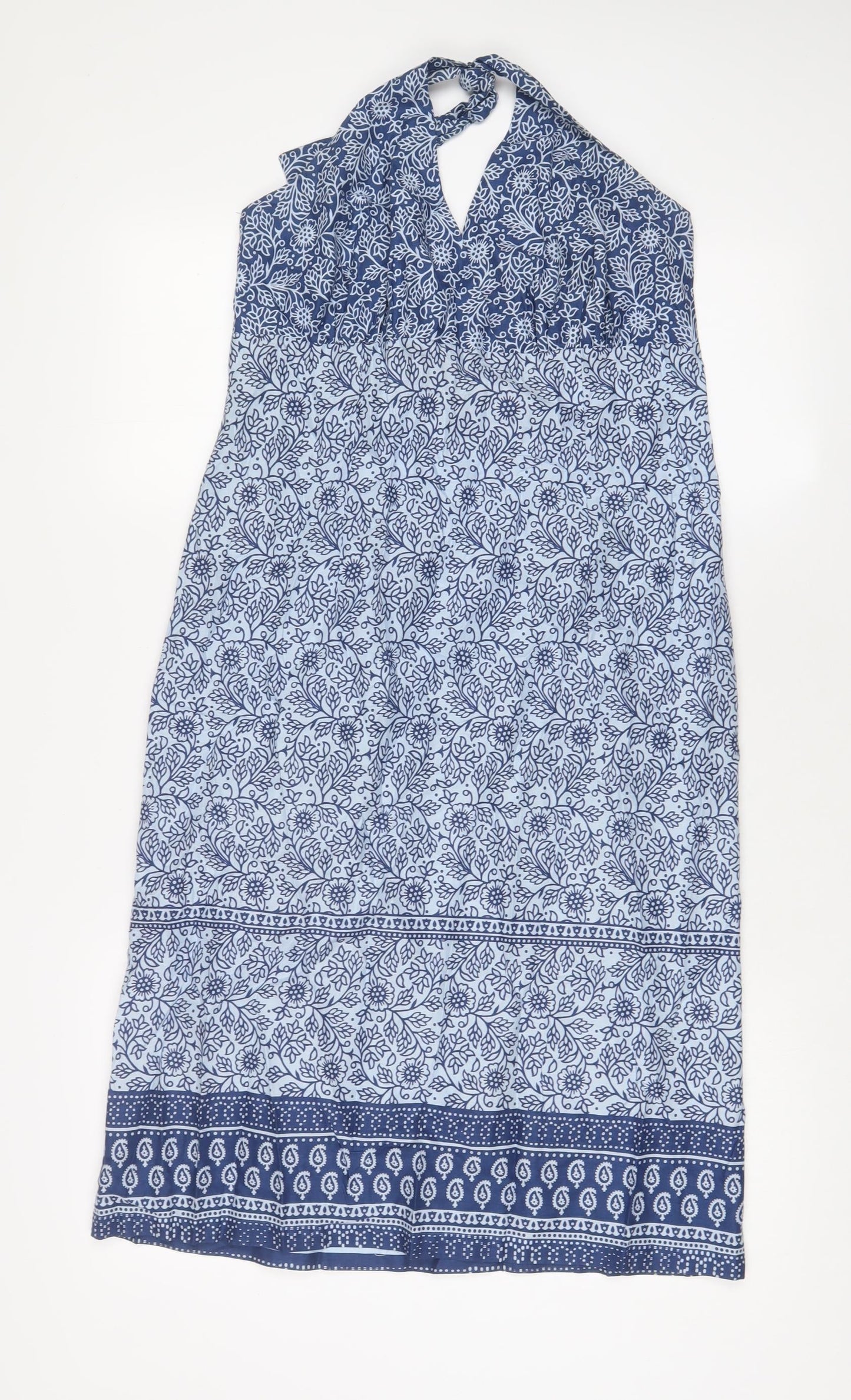 Marks and Spencer Womens Blue Geometric Cotton A-Line Size 12 Halter Tie