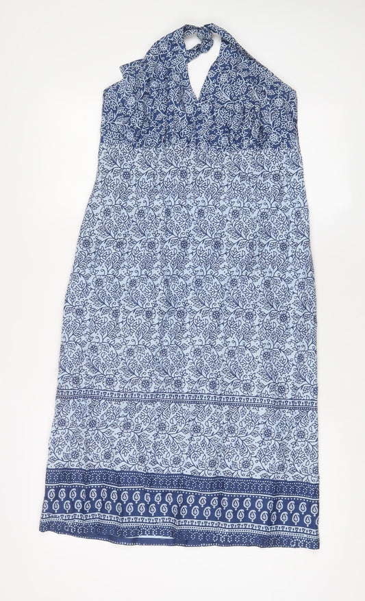 Marks and Spencer Womens Blue Geometric Cotton A-Line Size 12 Halter Tie