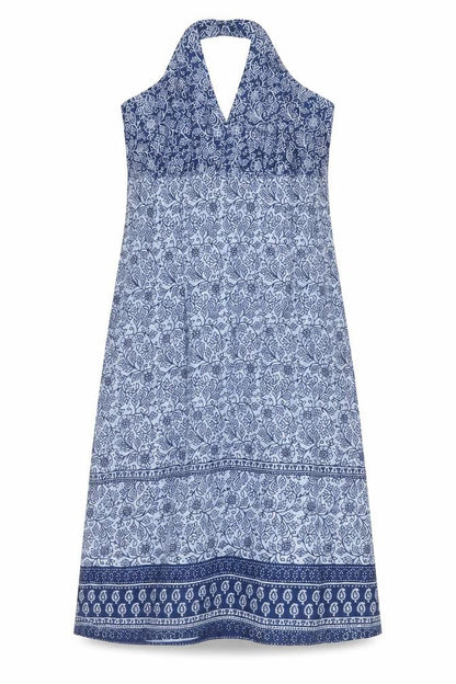 Marks and Spencer Womens Blue Geometric Cotton A-Line Size 12 Halter Tie