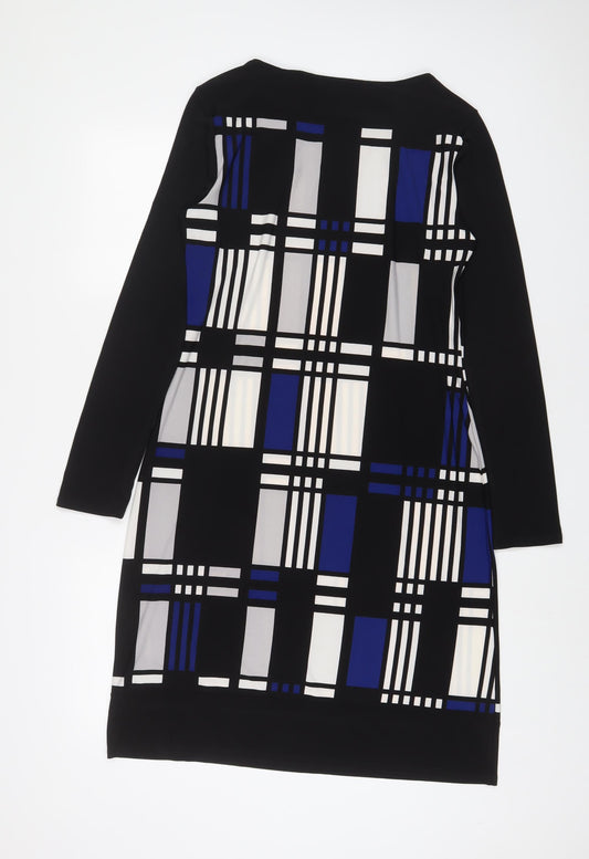Marks and Spencer Womens Blue Geometric Polyester A-Line Size 12 Boat Neck Pullover