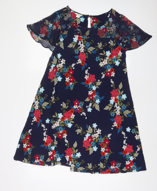 Monsoon Womens Blue Floral Viscose A-Line Size 10 Scoop Neck Button