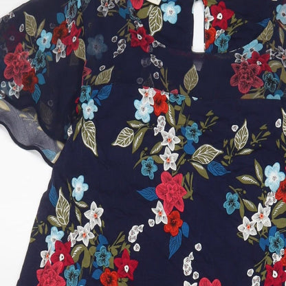 Monsoon Womens Blue Floral Viscose A-Line Size 10 Scoop Neck Button