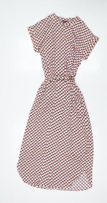Marks and Spencer Womens Pink Geometric Polyester A-Line Size 6 V-Neck Pullover - Belted