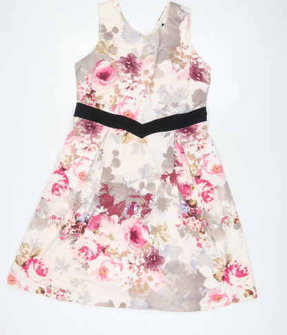 Dorothy Perkins Womens Pink Floral Cotton Fit & Flare Size 16 V-Neck Zip