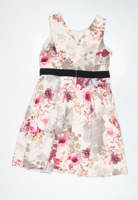Dorothy Perkins Womens Pink Floral Cotton Fit & Flare Size 16 V-Neck Zip