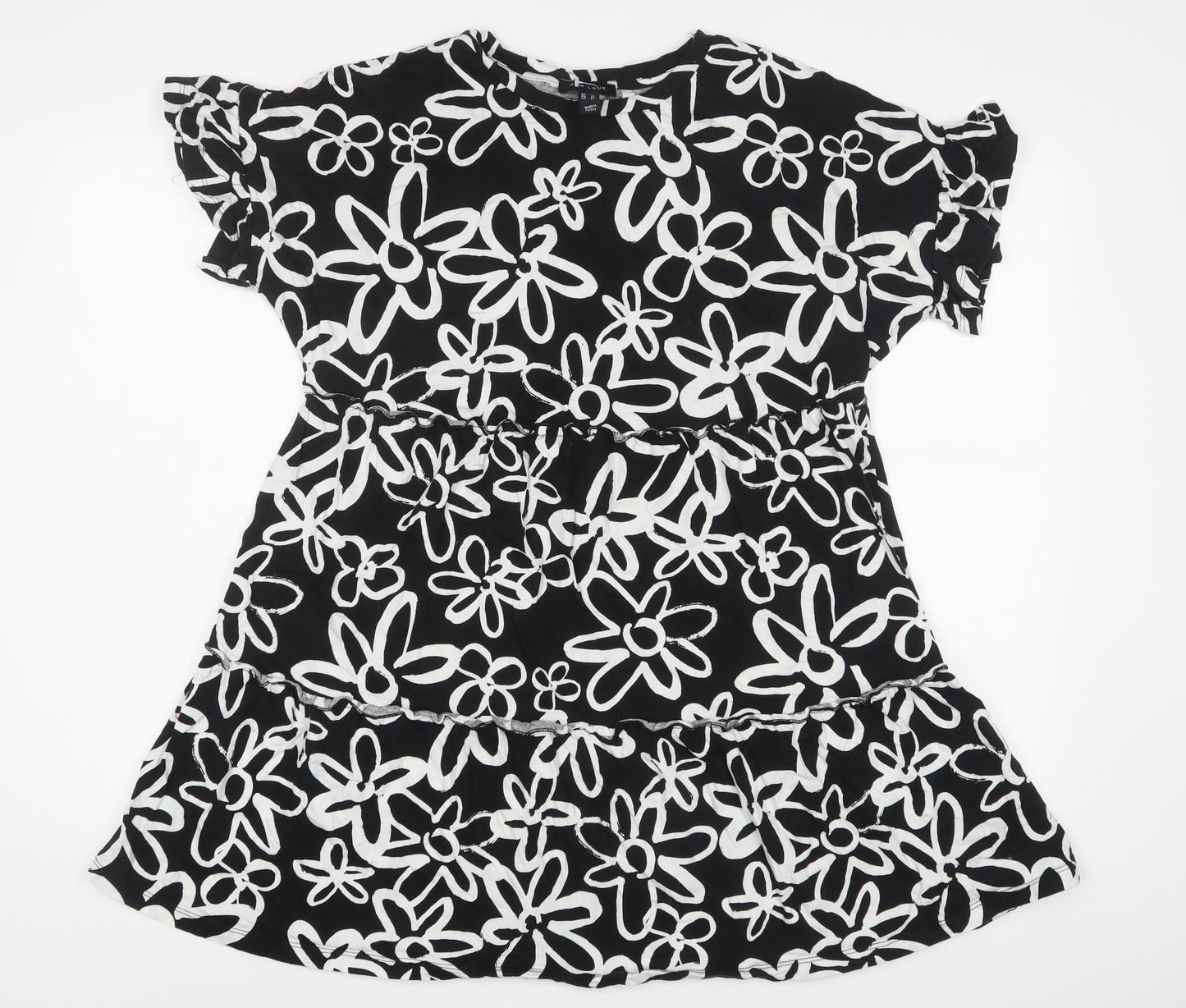 New Look Womens Black Floral Cotton A-Line Size 12 Crew Neck Pullover