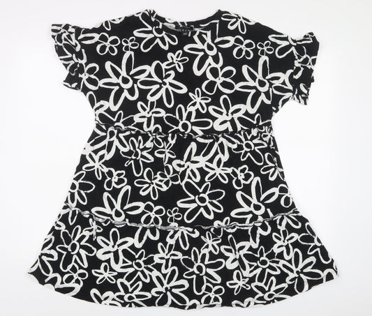 New Look Womens Black Floral Cotton A-Line Size 12 Crew Neck Pullover