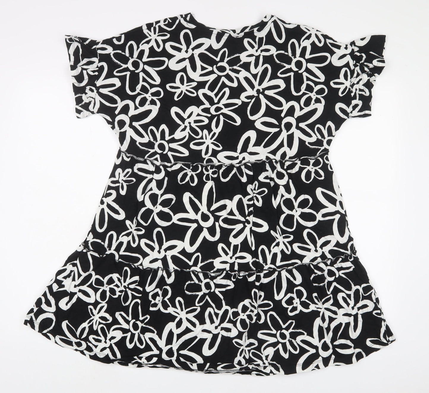 New Look Womens Black Floral Cotton A-Line Size 12 Crew Neck Pullover