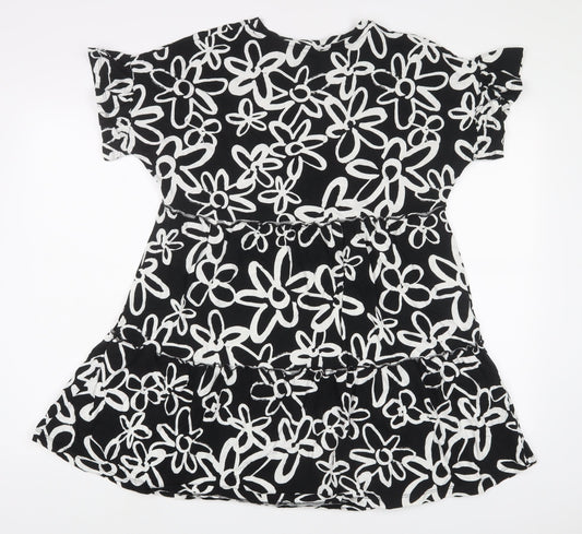 New Look Womens Black Floral Cotton A-Line Size 12 Crew Neck Pullover