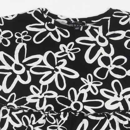 New Look Womens Black Floral Cotton A-Line Size 12 Crew Neck Pullover