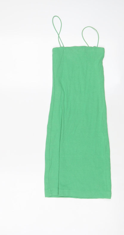 Zara Womens Green Cotton Bodycon Size S Square Neck Pullover