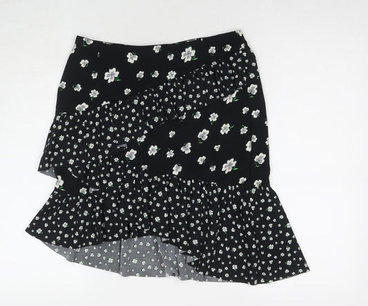H&M Womens Black Floral Polyester A-Line Skirt Size 12 Zip