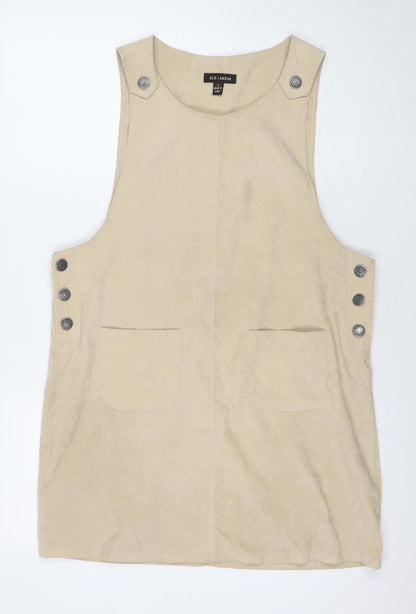 QED London Womens Brown Polyester Pinafore/Dungaree Dress Size 12 Round Neck Button