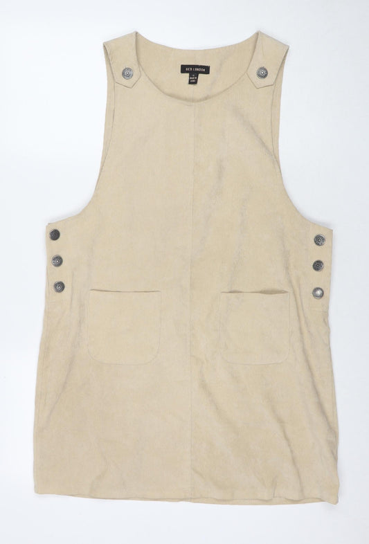QED London Womens Brown Polyester Pinafore/Dungaree Dress Size 12 Round Neck Button