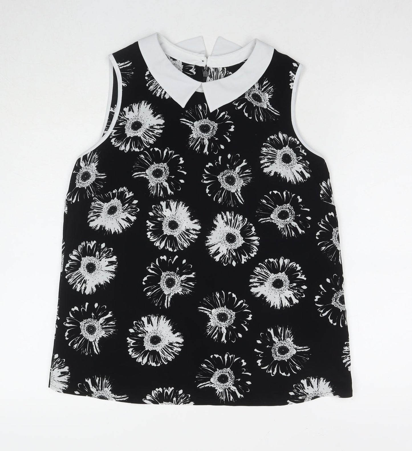 Marks and Spencer Womens Black Floral Polyester Basic Blouse Size 14 Collared