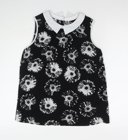 Marks and Spencer Womens Black Floral Polyester Basic Blouse Size 14 Collared