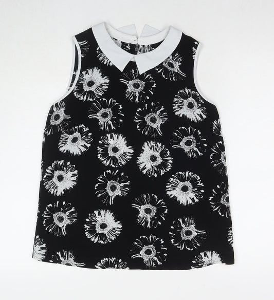 Marks and Spencer Womens Black Floral Polyester Basic Blouse Size 14 Collared