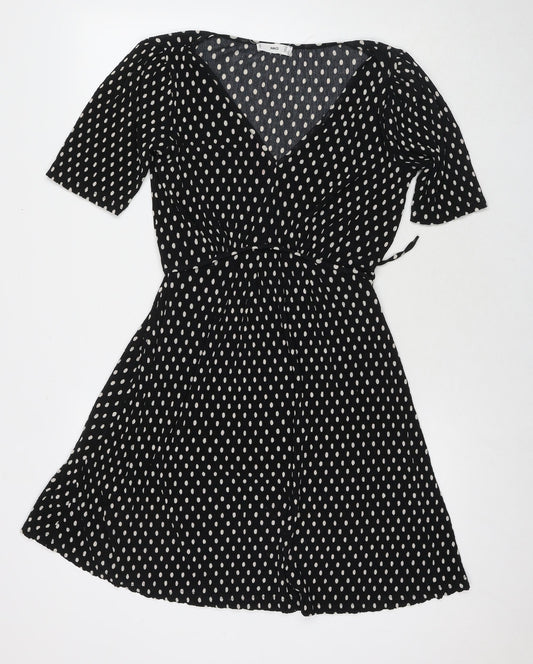 Mango Womens Black Polka Dot Polyester Fit & Flare Size S V-Neck Pullover