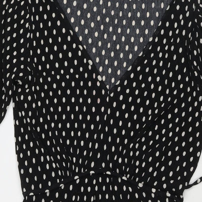 Mango Womens Black Polka Dot Polyester Fit & Flare Size S V-Neck Pullover
