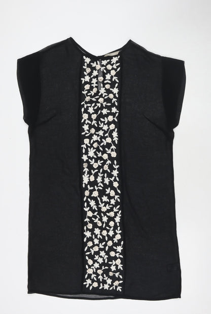 Planet Womens Black Floral Polyester T-Shirt Dress Size 10 Round Neck Pullover - Beach Cover-Up