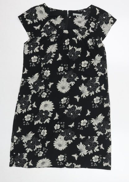 Wallis Womens Black Floral Polyester A-Line Size 12 Round Neck Zip