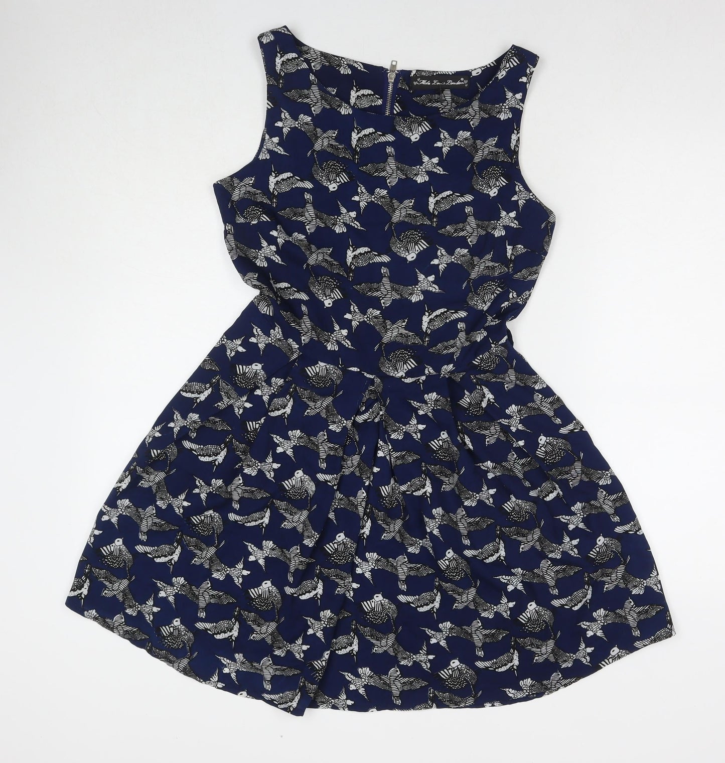 Mela London Womens Blue Geometric Polyester Tank Dress Size 10 Round Neck Pullover - Birds
