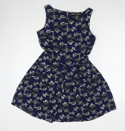 Mela London Womens Blue Geometric Polyester Tank Dress Size 10 Round Neck Pullover - Birds