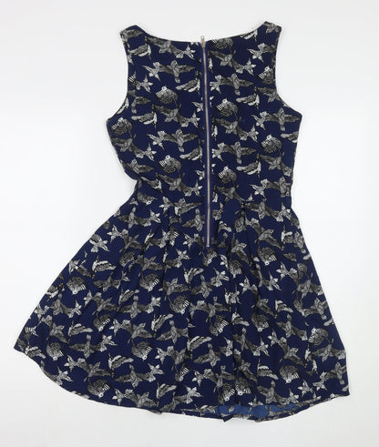 Mela London Womens Blue Geometric Polyester Tank Dress Size 10 Round Neck Pullover - Birds